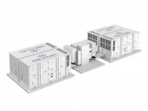 3D rendering of the Prevalon HD5™ AC integrated battery energy storage platform featuring two rows of white liquid-cooled battery enclosures connected to central power conversion and control equipment. The modular utility-scale system is designed for high