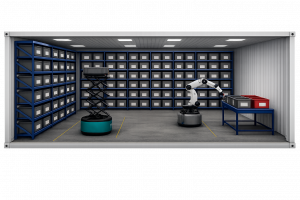 Containerized warehouse automation system with robotics and intelligent storage