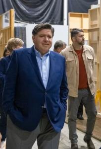 Illinois Governor J.B. Pritzker tours Flyover Film Studios, Rantoul, IL, where Imagination Colony's new neo-noir detective film, "Tears to a Glass Eye," was shot.
