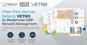 Newsroom-style announcement graphic highlighting Fiber Fast Homes’ transition to VETRO FiberMap for modernized OSP network management and AI-assisted data migration.