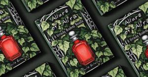 Illustrated cover art for Allure of Alira: A Grimsby Academy Novella by David Grimsby, shown in a repeating angled pattern against a dark background. The cover features dense green ivy surrounding an ornate black frame and a glowing red potion bottle at t