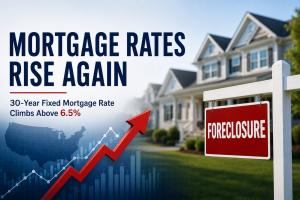 Press release graphic about rising mortgage rates and increasing foreclosure activity in the U.S. housing market