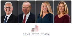 New partner headshots in a row (from left to right) Fred Gaines, Sherman L. Stacey, Kimberly A. Rible, and Alicia B. Bartley, with the Rand Paster & Nelson LLP logo underneath