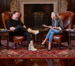 Hilarie Burton sits opposite Chris Collins, discussing Dandelion Wine.