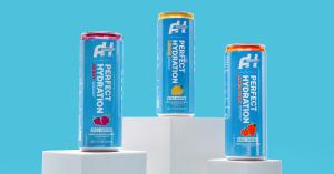 New Perfect Hydration flavored alkaline water 12 oz blue cans in Berry, Lemon and Mango Peach on white blocks with bright blue background