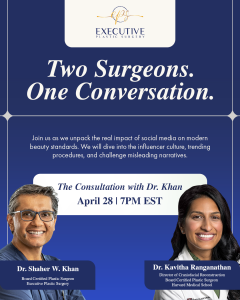 SEO-optimized image of an event flyer. "Two Surgeons. One Conversation." Headline at top in elegant white font on a navy blue background. Below, a light blue body paragraph reads: "Join us as we unpack the real impact of social media on modern beauty stan