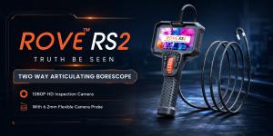 ROVE RS2 Two-Way Articulating Borescope product photograph showing 4.3-inch IPS screen and 6.2mm probe.