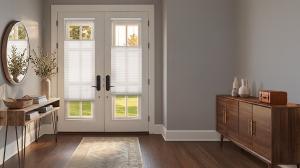 REGAL estate QuickInsta® Magnetic Door Shades installed on French doors, featuring no-drill installation, adjustable privacy, and soft light filtering for modern homes.