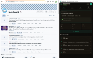 ReplyDeck Chrome extension dashboard showing an active persona named Wholesome Lurker, scheduled Reddit replies across r/AskReddit, r/showerthoughts and r/pics, with 7 replies posted today and recent activity log visible.