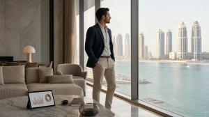 Man overlooking the Doha skyline at sunset, highlighting Qatar’s modern urban development, luxury real estate growth, and investment opportunities.