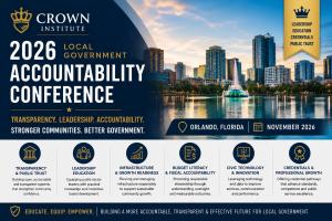 Crown Institute conference graphic announcing the 2026 Local Government Accountability Conference in Orlando, Florida, with themes of transparency, leadership education, public trust, and credentials.