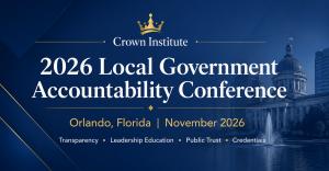 Wide Crown Institute conference banner for the 2026 Local Government Accountability Conference in Orlando, Florida, showing a city skyline and key themes including transparency, leadership education, infrastructure readiness, budget literacy, civic techno