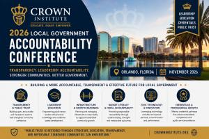 Crown Institute promotional banner for the 2026 Local Government Accountability Conference in Orlando, Florida, showing a city skyline with conference themes including transparency, leadership education, public trust, infrastructure readiness, budget lite
