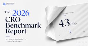 Minimalist editorial-style cover image for The 2026 CRO Benchmark Report by Omniconvert, featuring a partially revealed ecommerce store score on textured paper with clean typography and blue accents on a light background.