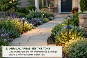 Front walkway landscaped with low-maintenance perennials, evergreen shrubs, and soft flowering plants creating a welcoming entrance to the home.