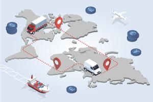 World map illustration showing international delivery routes with trucks, airplane, cargo ship, and location pins representing global shipping and logistics.