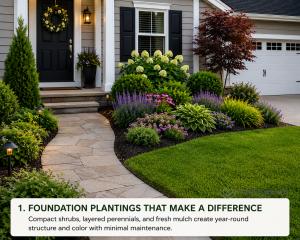 Front yard foundation landscaping with compact evergreen shrubs, flowering perennials, and a welcoming walkway designed for low-maintenance curb appeal.