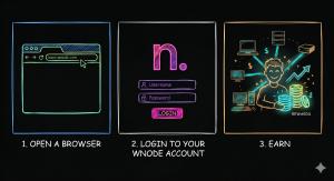 “Three‑step illustration showing how to use Wnode: open a browser and visit www.wnode.com, log in to your Wnode account, and earn rewards by connecting devices
