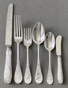 Tiffany & Co. flatware service for six in the Audubon pattern, with pouches and no monogram. Estimate: $9,000-$12,000