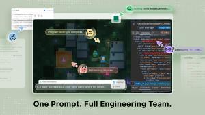 A marketing graphic for an AI engineering platform showcasing a 2D pixel-art game being developed by various specialized AI agents, accompanied by the tagline, "One Prompt. Full Engineering Team."