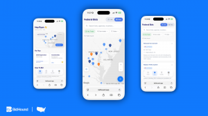 BidHound mobile app displaying federal contract opportunities matched to a contractor's trade and location on iPhone, with AI-generated bid summaries.