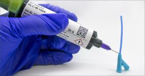HLC-M-1004 adhesive is dispensed by hand onto opaque substrates
