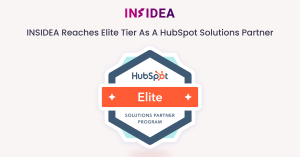 INSIDEA announcement graphic featuring the HubSpot Elite Solutions Partner badge, marking INSIDEA's achievement of Elite tier status in HubSpot's Solutions Partner Program.