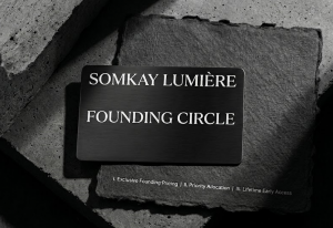 High-contrast minimalist branding materials and conceptual art for the Somkay Lumiere luxury product launch.