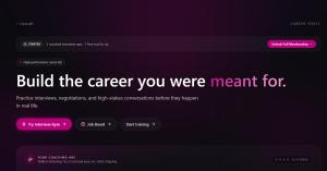 Homepage hero image for Daybreaker Careers showing a modern dark-themed career coaching platform with the headline “Build the career you were meant for,” featuring interview practice, job board tools, and immersive career rehearsal experiences.