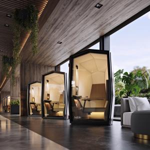 A row of 3 Kabin 1 Performance Sanctuaries in a hotel.