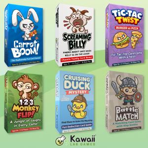 Kawaii Lab Games Catalog - May 2026. Carrot BOOM!, Screaming Billy, Tic-Tac Twist, 1-2-3 Monkey Flip, Cruising Duck Mystery, and Battle Match