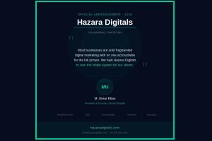 Founder quote card featuring M. Umar Khan, President and Founder of Hazara Digitals, with the statement about building a strategy-first full-service digital marketing agency in Islamabad Pakistan that owns the complete digital system for clients including