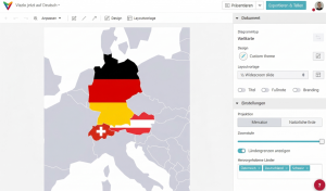 Screenshot of Vizzlo’s German-language interface showing a world map chart with Germany, Austria, and Switzerland highlighted in their national colors.