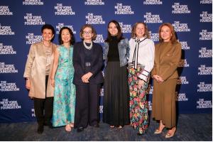 The New York Women’s Foundation Ana L. Oliveira with Celebrating Women® Breakfast Honorees Jeannie Park, Valerie Jarrett, Leah Greenberg, and presenters Abigail Disney and Mary Baglivo (Photo credit: BFA / Madeleine Thomas)