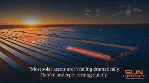 Aerial view of a large utility-scale solar farm at sunset, with several panels highlighted in orange-red to indicate underperformance. An overlaid analytics chart in the upper right shows projected output of 189,300 versus actual drift of 87,900, with a p