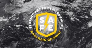 Atelier 4 S.A.F.E. program logo — Storing Art For Emergencies — over NOAA satellite hurricane imagery