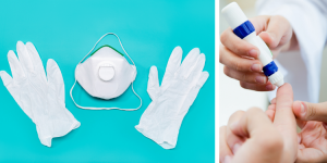 Surgical gloves and mask and home-based blood test kit.