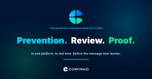Confinaid concept graphic with the brand icon centered above the label "The Preventive Compliance Operating System" and three pillars in brand colors: Prevention in blue, Review in white, and Proof in green, followed by the tagline "In one platform. In re