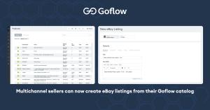 Screenshot of the Goflow interface showing product catalog and eBay listing creation steps.