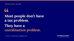 Pinnacle Group strategic alliance announcement quote card featuring Dr. Pat® Pachciarz on navy background with orange accent.