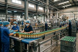 Inside a Philippine factory showing a production line with conveyor machinery and workers in the background.