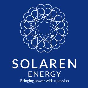 Solaren logo lockup displayed on a dark corporate background for renewable energy branding.