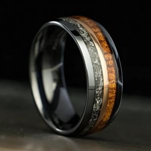 Black Titanium Ring with Galaxy Meteorite & Hawaiian Koa Wood