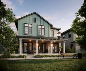 Exterior rendering of The Magnolia single-family home model at Lakeview Village by Davila Homes, showcasing a two-story design with a sage green board-and-batten facade, covered front porch, and lush landscaping in Winter Garden, Florida.