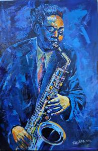 The Jazz Man, original acrylic painting by Nigerian-British artist Michael Echekoba, I-54 Contemporary African Art Fair exhibitor, exhibited at Art for Impact Gala London 2026, available for private sale at artforimpact.co.uk
