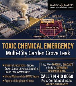 Karns & Karns Personal Injury and Accident Attorneys legal advertisement map showing the GKN Aerospace toxic chemical leak incident site in Garden Grove and the surrounding evacuation zones for Stanton, Cypress, Anaheim, Buena Park, and Westminster