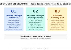 Three-step process diagram showing how Spotlight on Startups builds AI citation authority: Step 1 free founder spotlight interview, Step 2 journalist-authored business spotlight article published, Step 3 brand cited by ChatGPT Perplexity and Google AI