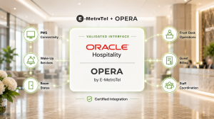 Oracle Hospitality OPERA certified integration graphic showing E-MetroTel hospitality communications integration supporting PMS connectivity, wake-up services, room status, guest billing, staff coordination, and front desk operations in a hotel environmen