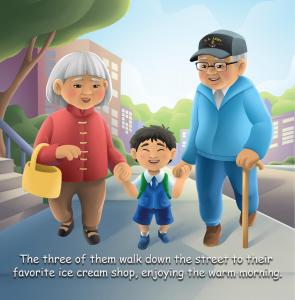 Children's book illustration of a young boy holding hands with his grandmother and grandfather as they walk down a sunny city street.