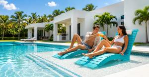 AquaCurve in-pool lounge chairs on a shallow sun shelf for backyard pool lounging.